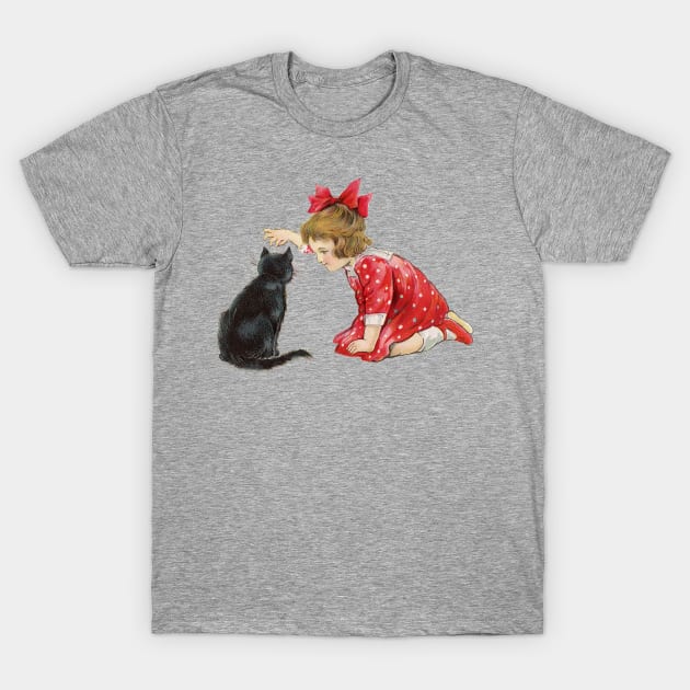 Little girl playing with black cat at Christmas T-Shirt by RedThorThreads